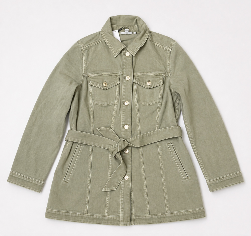 NWT CHICO'S SEAGRASS GREEN ELONGATED BELTED LONG SLEEVE DENIM JACKET SZ 2 US L
